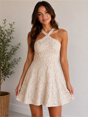 American Threads Ivory Lace Halter Mini Dress Size Small Fit & Flare